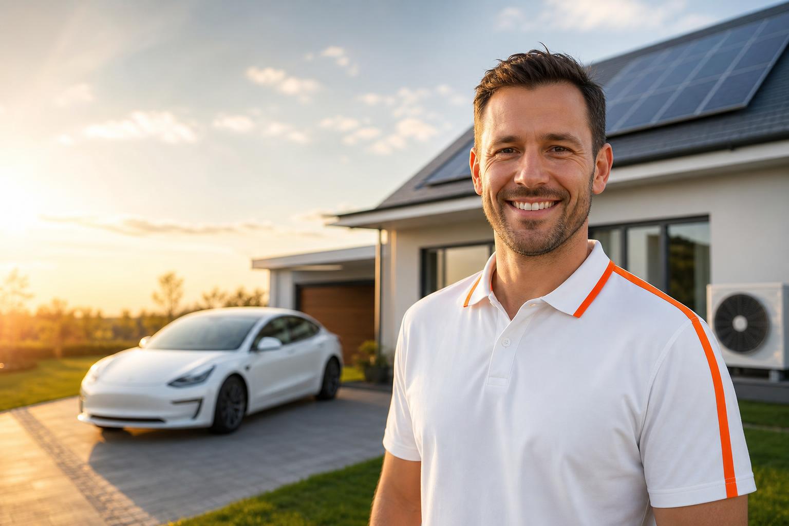 COPPEN Sales-Mitarbeiter vor Photovoltaik-Haus mit Tesla